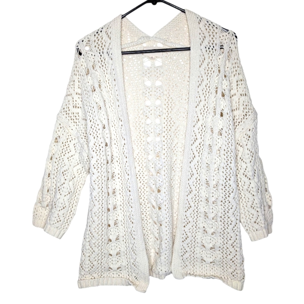 Lucky Brand Pointelle Knit Open Front Cream Off White Cardigan Sweater Small